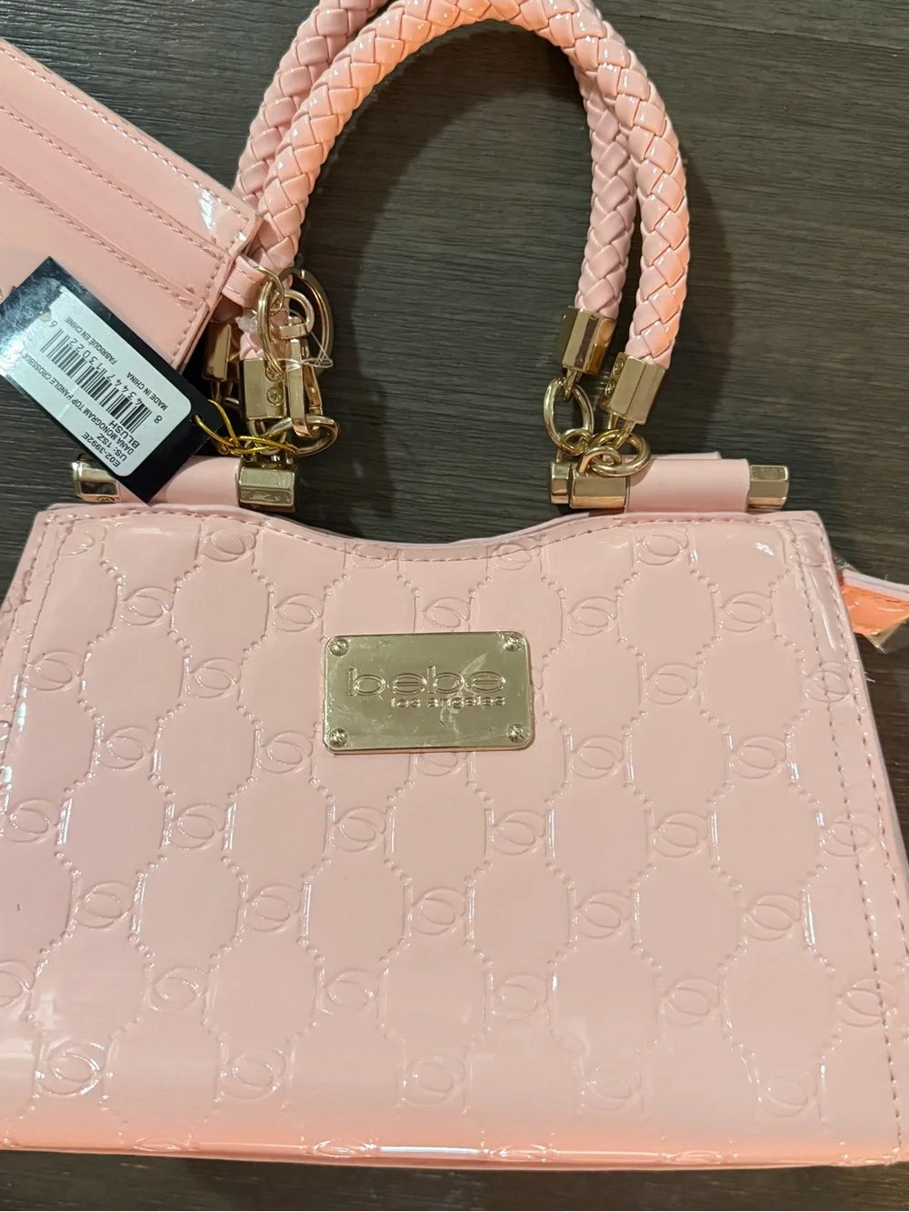 🛍 NWT 🛍 bebe Pink Patent Braided-Handle Satchel , WITH CARD HOLDER 🛍